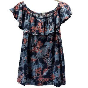J Jill Love Linen‎ Women's Top Size M Red Blue Ruffle 100% Linen Pullover Floral